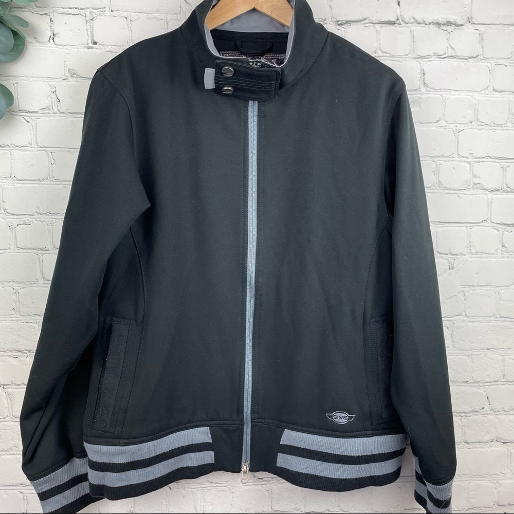 SIMS Medium Black Full Zip Varsity Jacket Striped Ribbed Hem‎ and Cuffs Size XL